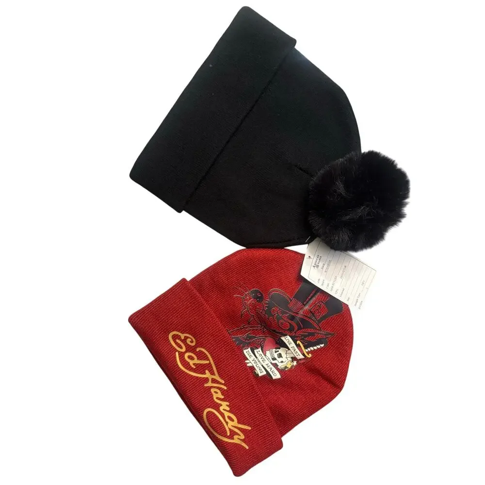 Ed Hardy 2 pack winter beanie hats, Red and Black unisex, new with tags